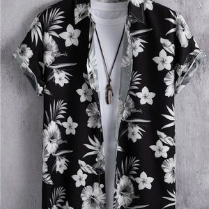 NEW Men black white Flower print shirt vacation shirt